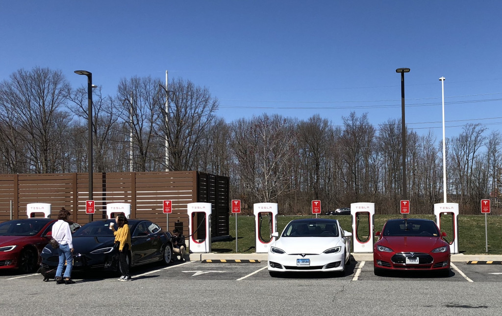 Tesla electric cars at Supercharger fast-charging site, TK[photo: Jay Lucas]
